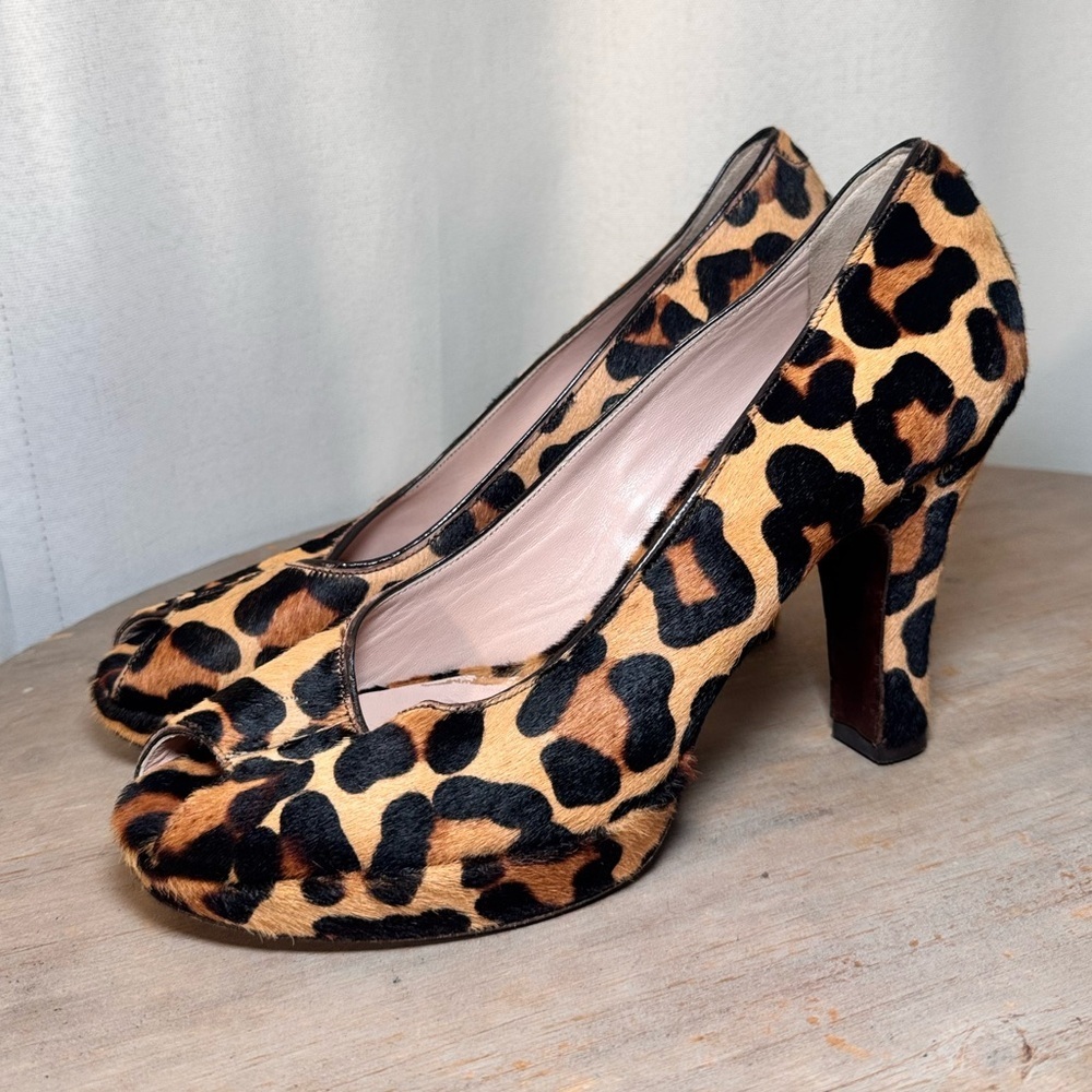 L’Autre Chose Calf Hair Leopard Peep Toe Heels